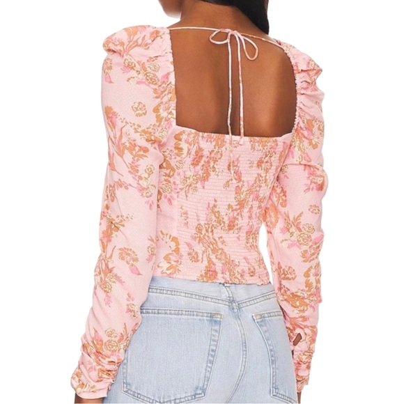 NWT $98 Free People Hilary Printed Top Size Small Pink Combo Smocked Back Blouse - Picture 2 of 16